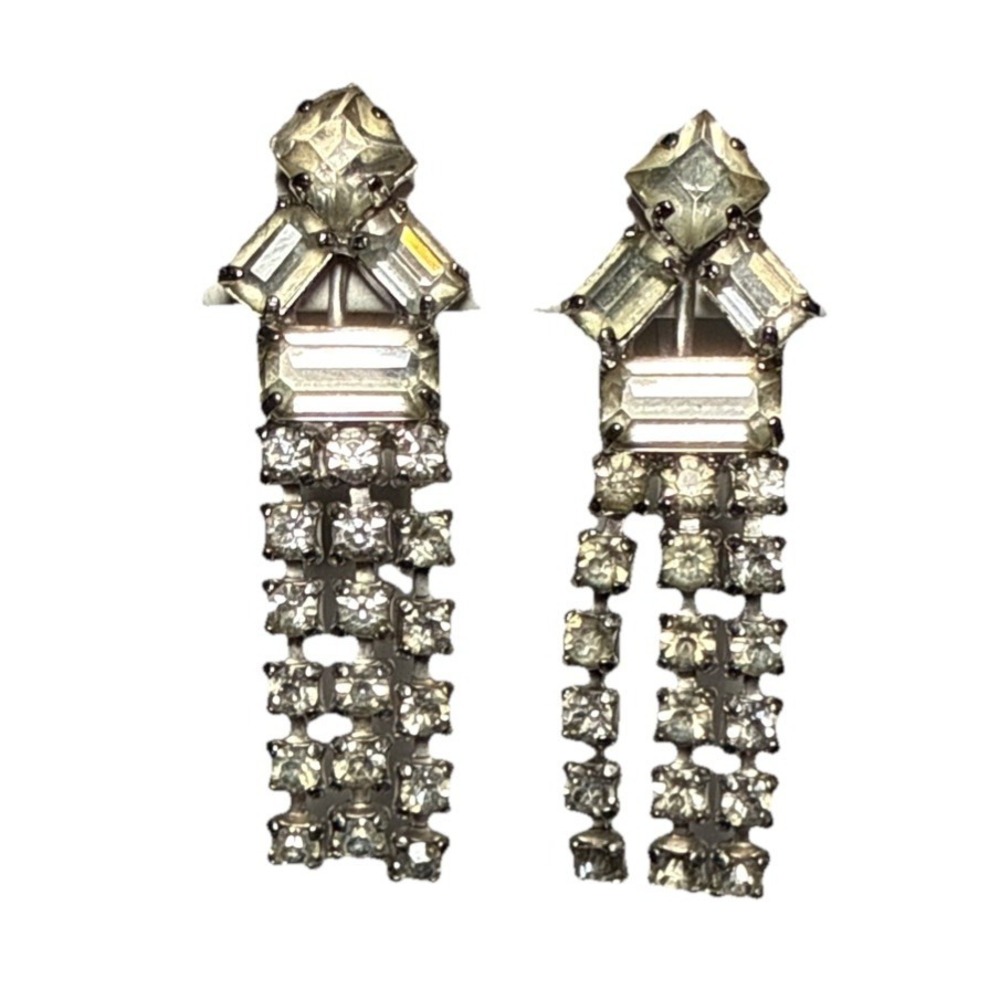 Vintage‎ Screw Back Rhinestone Tassel Dangling Earrings J17-26